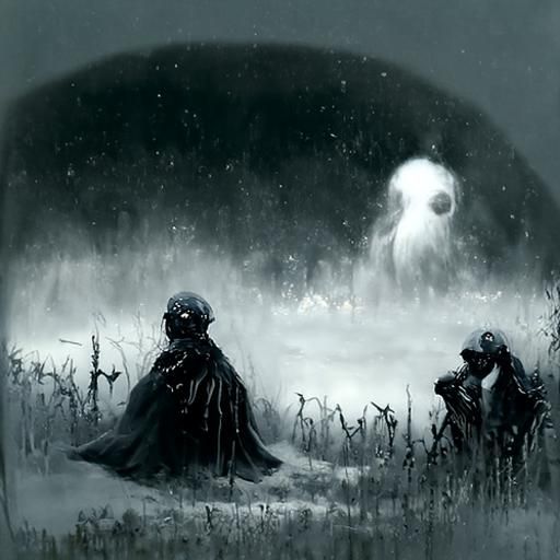 a field with fog and a black image in the middle of the fog