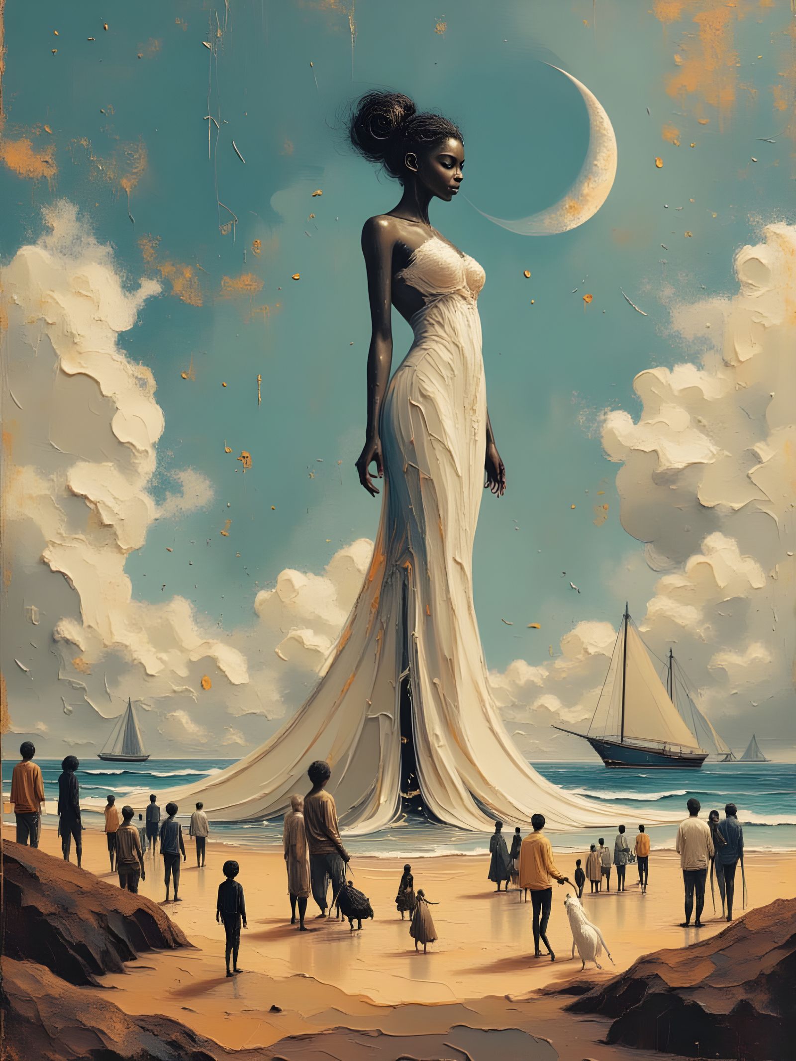 Ethereal Giant Creature on Crowded Beach in Surreal Style