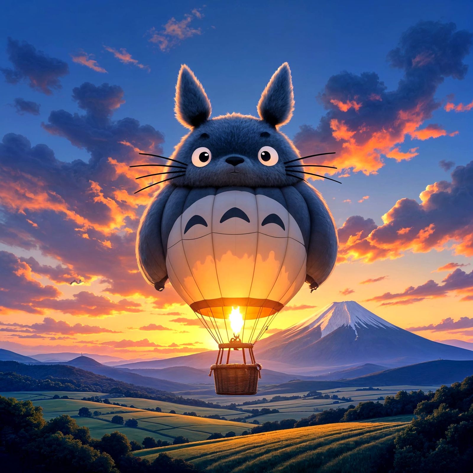 Totoro Hot Air Balloon over Countryside at Sunset