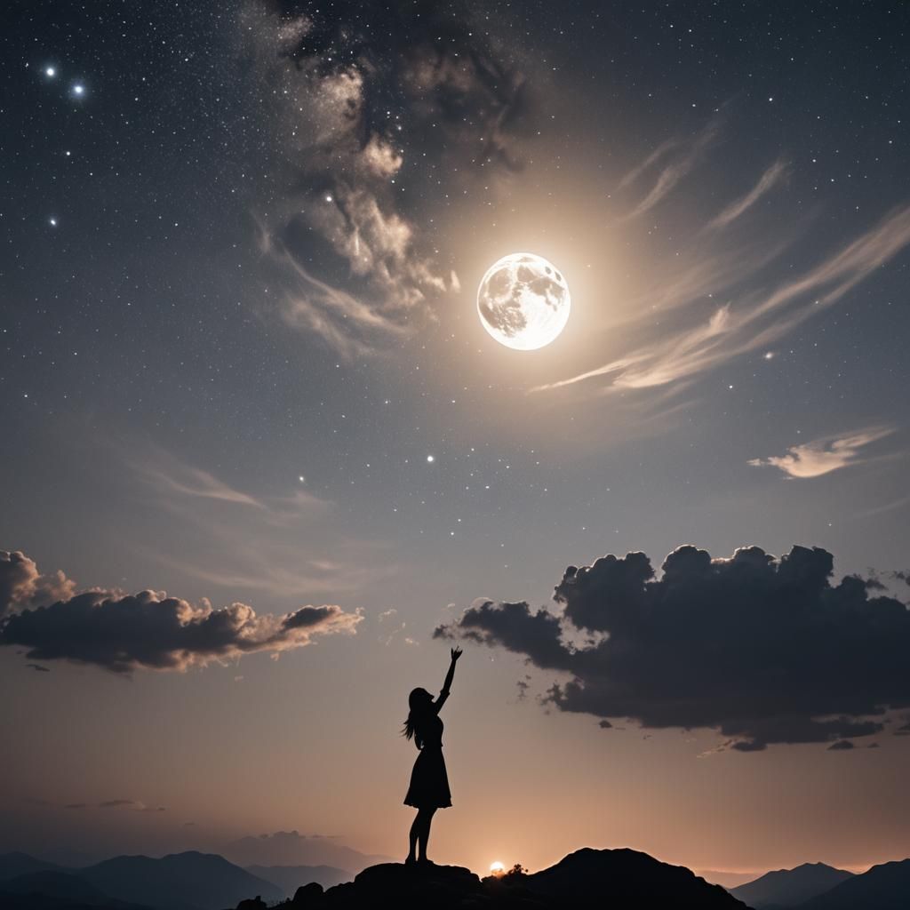 Girl Reaching for the Moon Silhouette on Mountain
