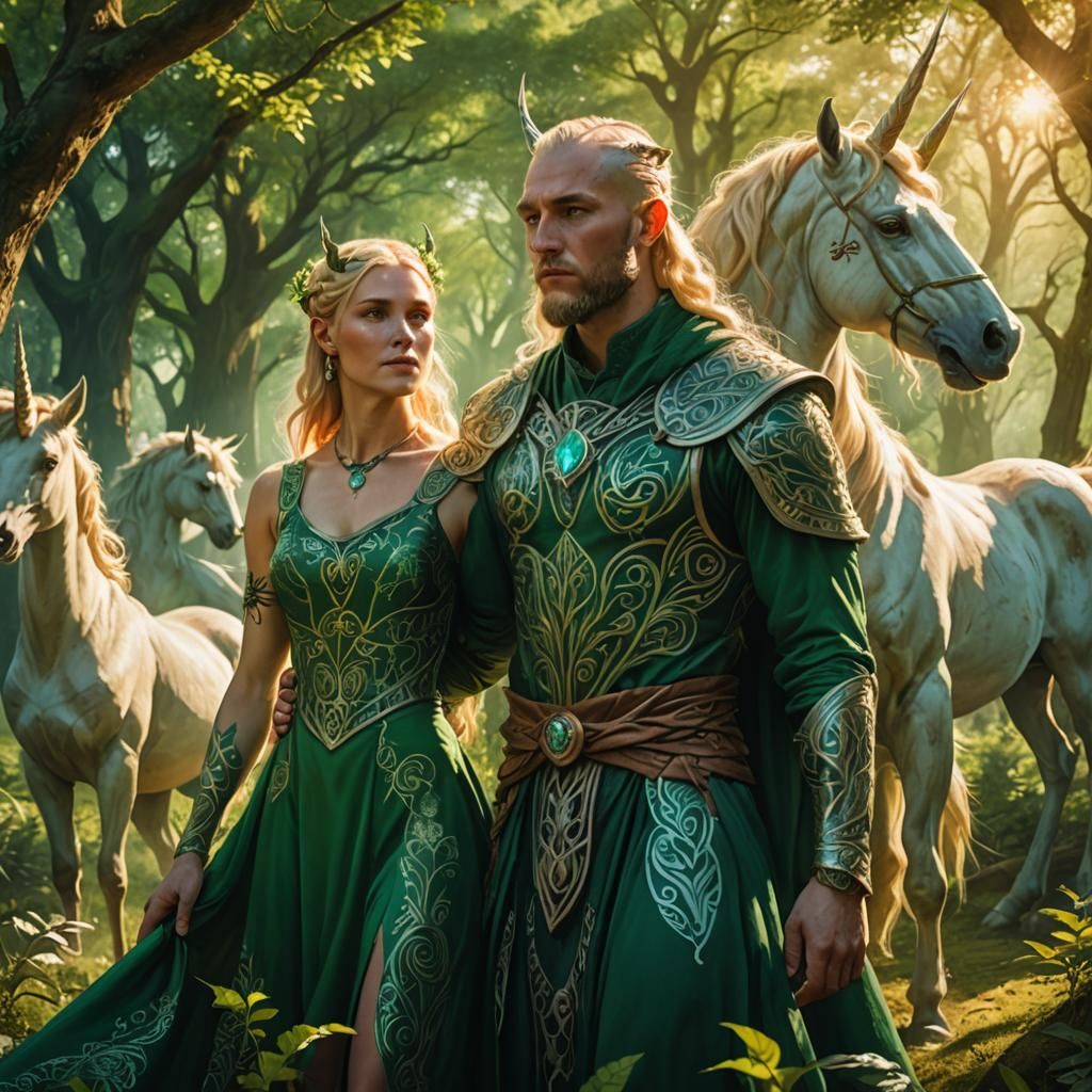 Druid and Priestess with Unicorn: Fantasy Art