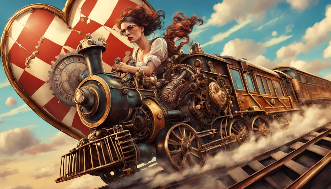 Steampunk Woman Chasing Heart Gear Train