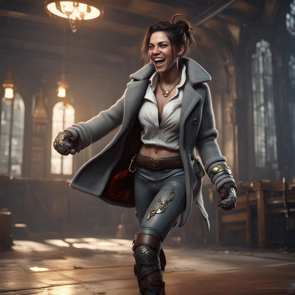 Laughing Brunette Boxer in Detailed Matte Painting