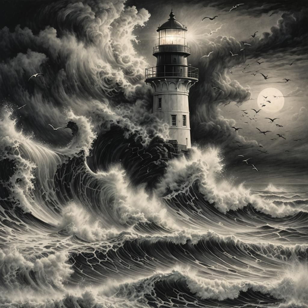 Lighthouse Under Tsunami in Hyperdetailed Charcoal Drawing