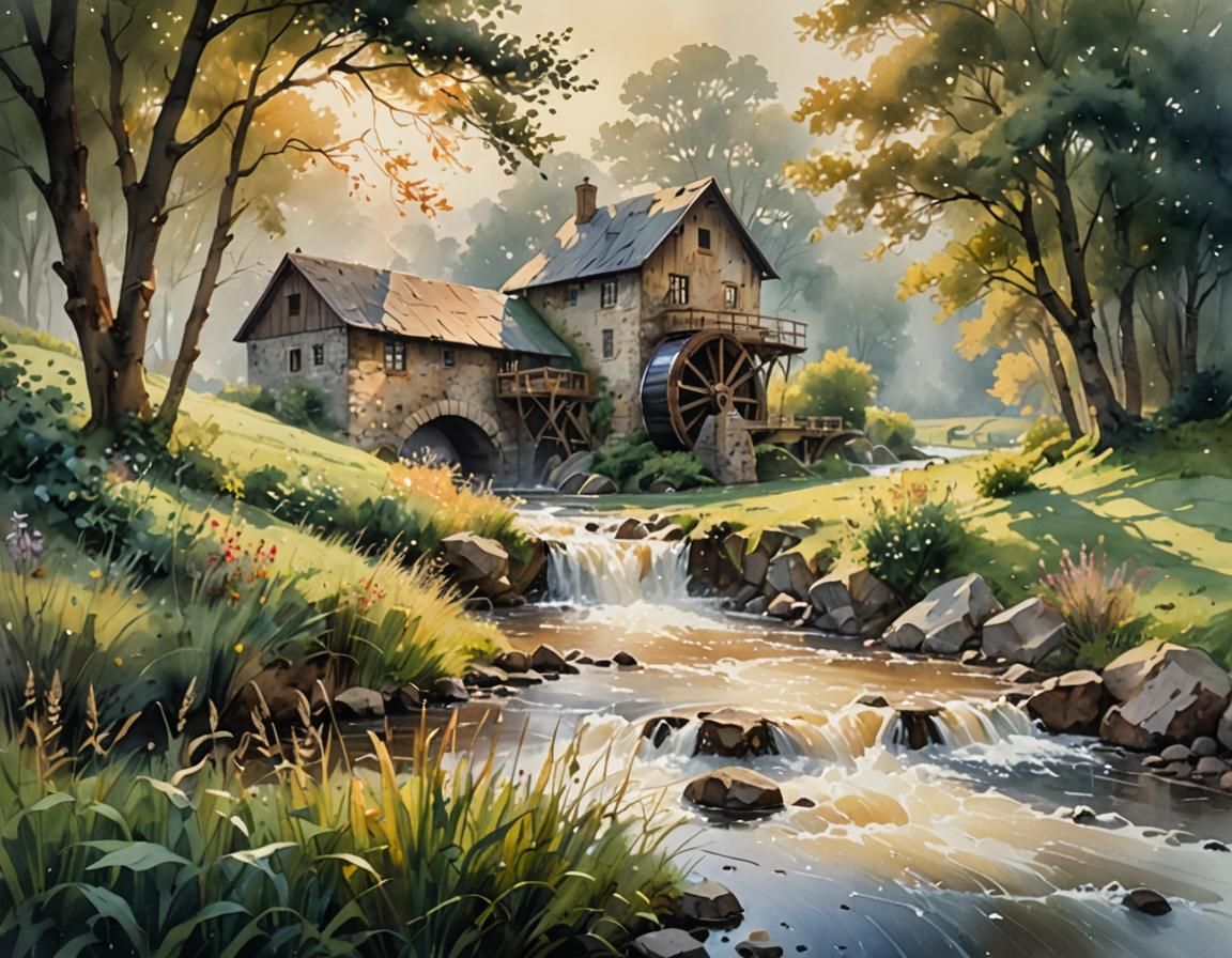 Water Mill in Foggy Meadow: Oil Painting Illustration