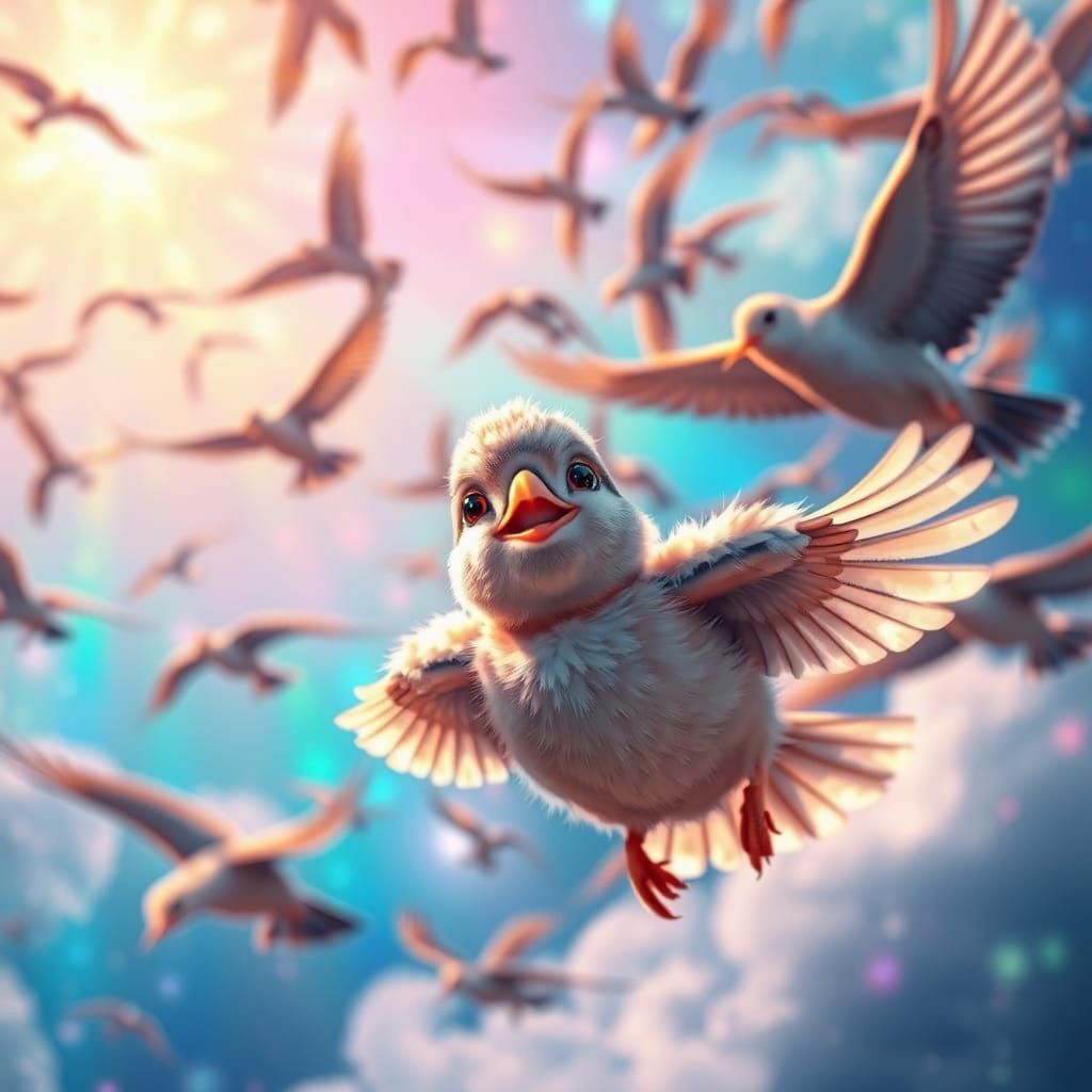 Birds Soaring in Iridescent Sky: Fantasy Concept Art