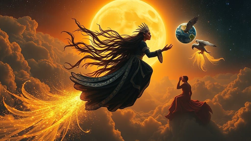 Mystical Sorceress Rides Comet's Luminous Tail in a Vibrant...