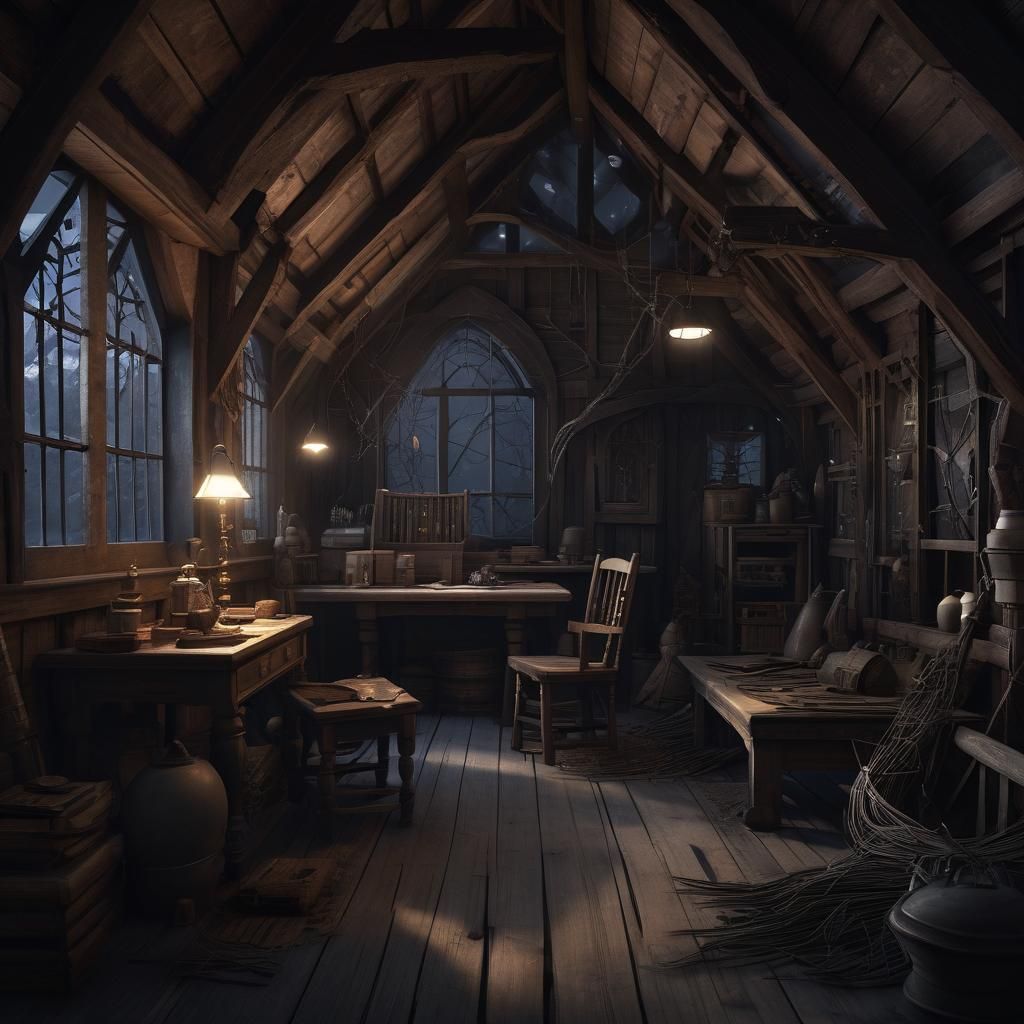 Eerie Low-Poly Dark Fantasy Attic Scene