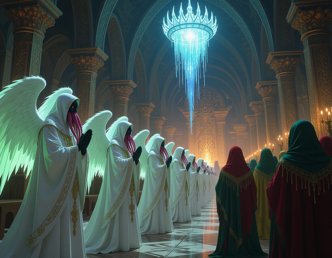 Grotesque Cthulhu Transformation in Ornate Temple, Oil Paint...