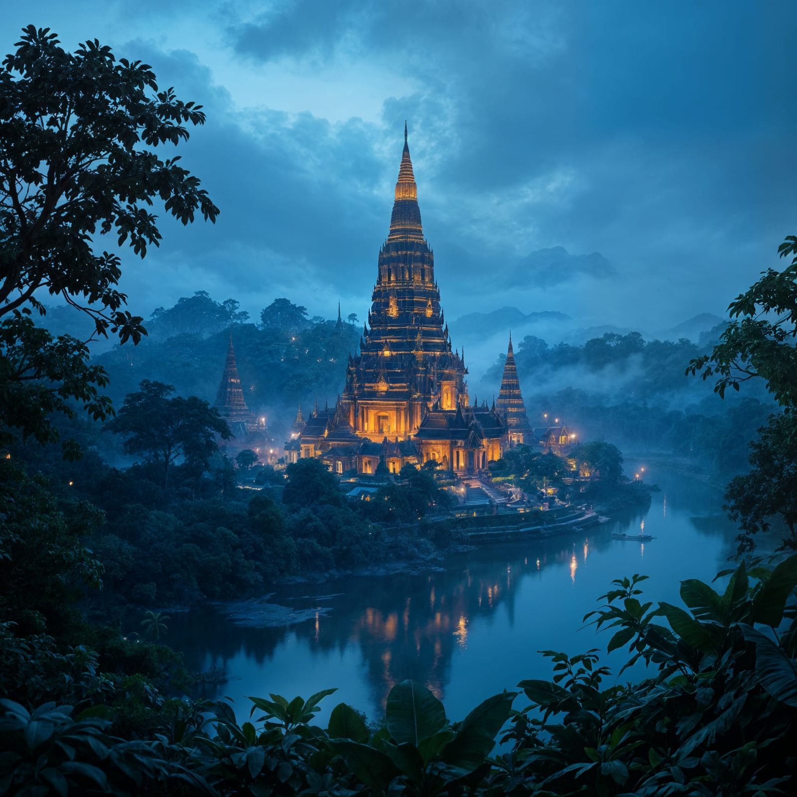 Thai Wat in Jungle at Blue Hour: Digital Painting