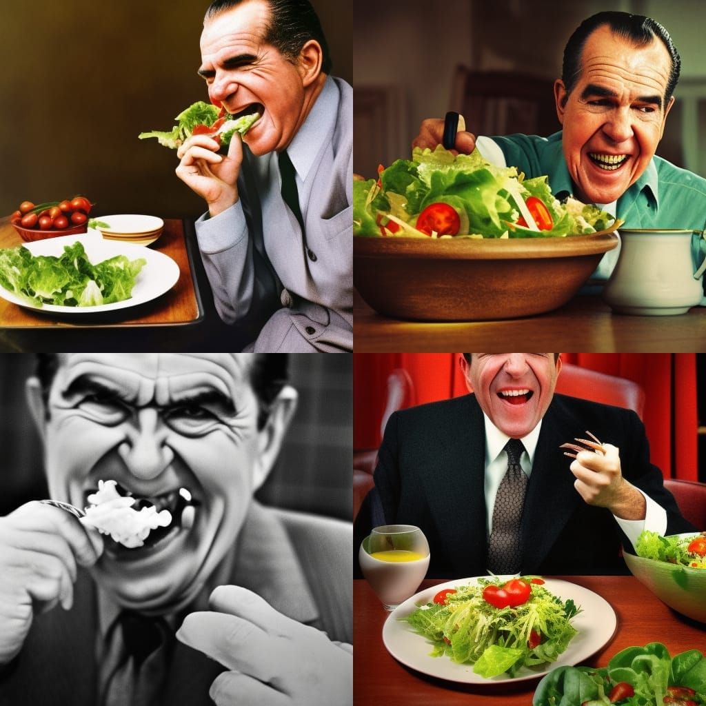 Hyperrealistic Richard Nixon Laughing Eating Salad