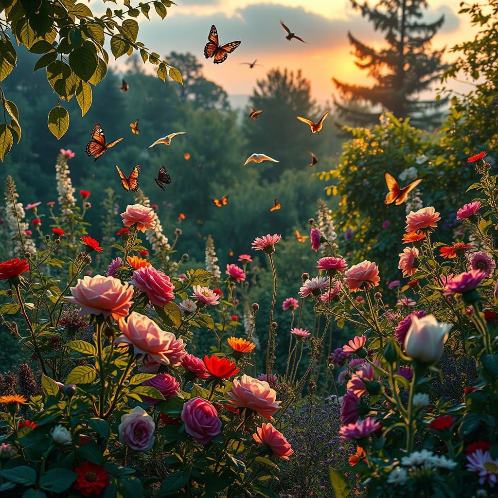 Mysterious Garden Scene in Hyperrealistic Style