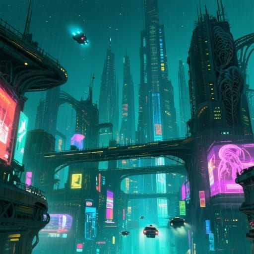 Cyberpunk Metropolis at Night with Flying Cars