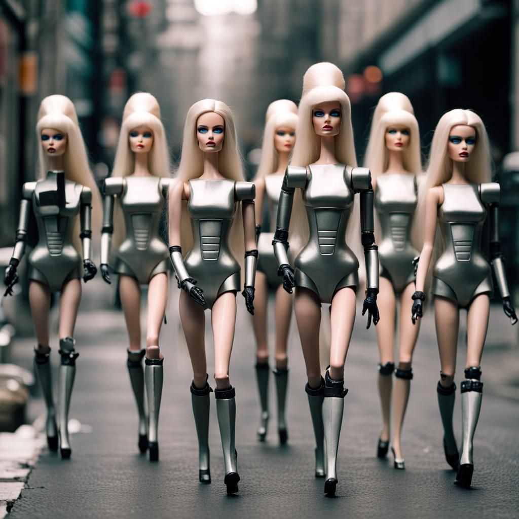 Evil Robot Barbie Dolls Marching in Futuristic City