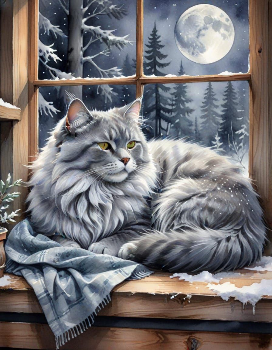 Cozy Cat in Snowy Cabin: Watercolor Fantasy