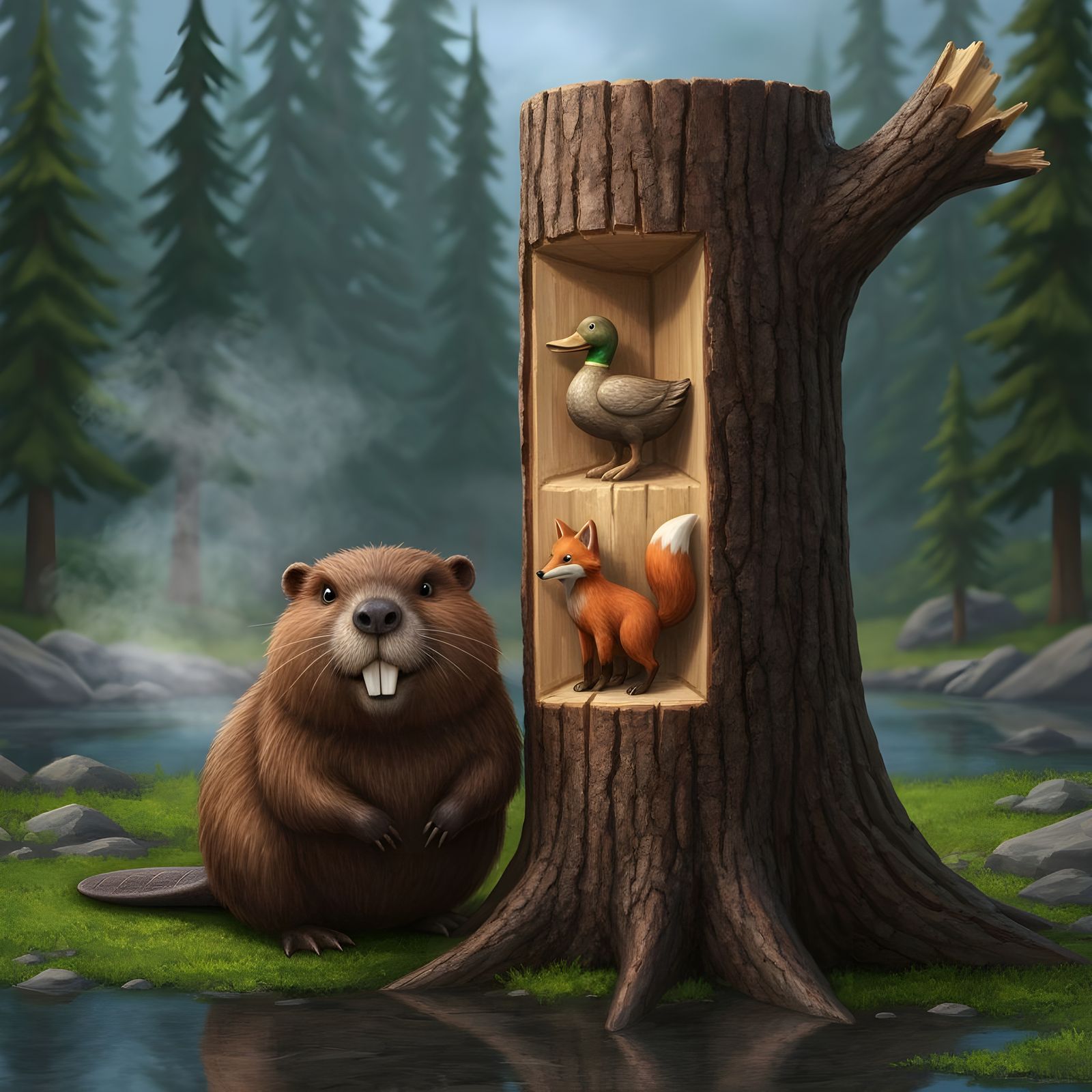 Beaver Woodcarver Creates Animal Figures in Forest