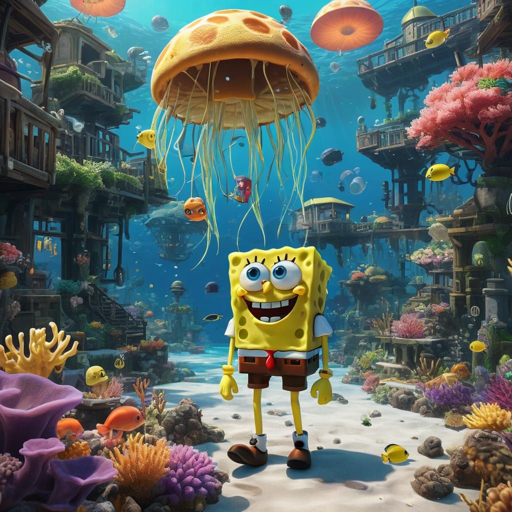 Vibrant Bikini Bottom Cityscape in 3D Anime Style