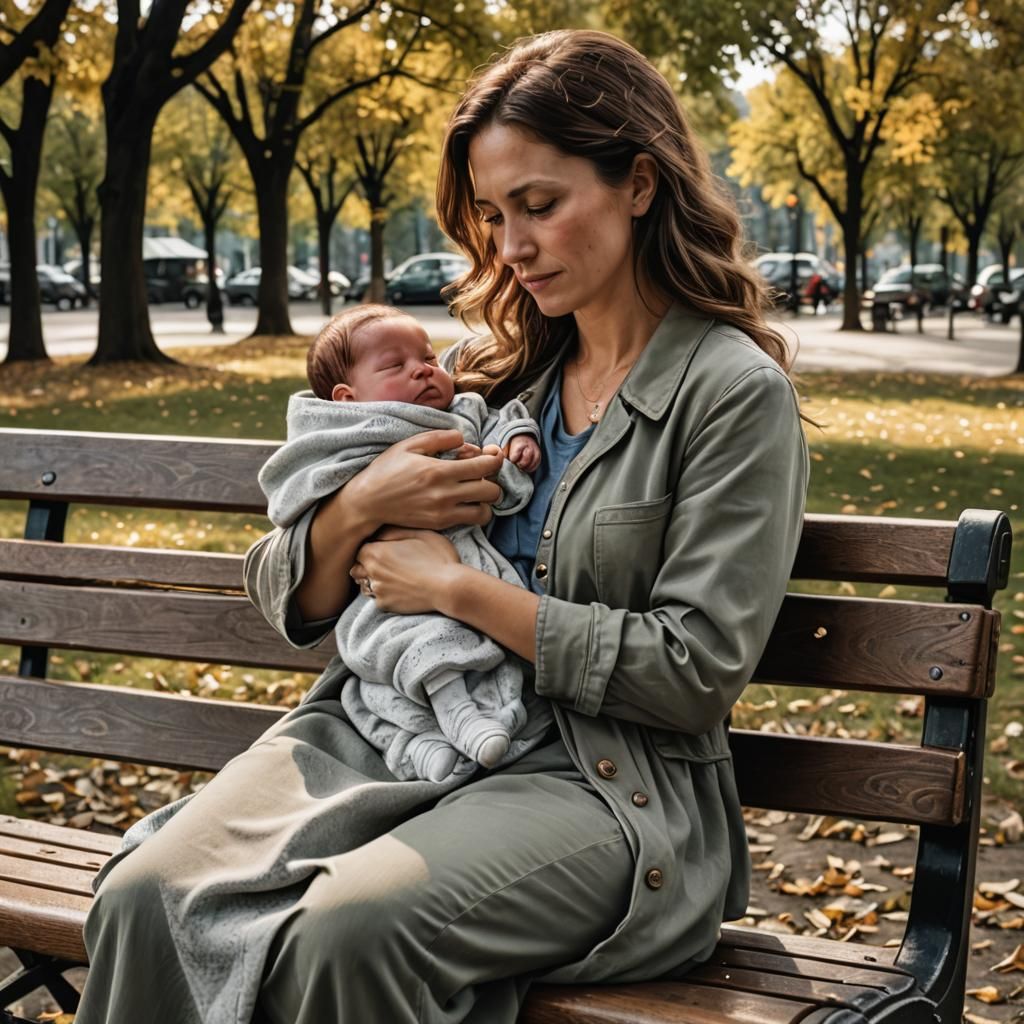 Mother and Newborn Baby on Park Bench