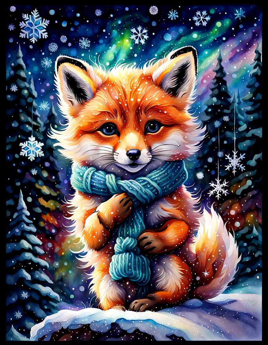 Playful Fox Cub in Winter Wonderland Watercolor Art