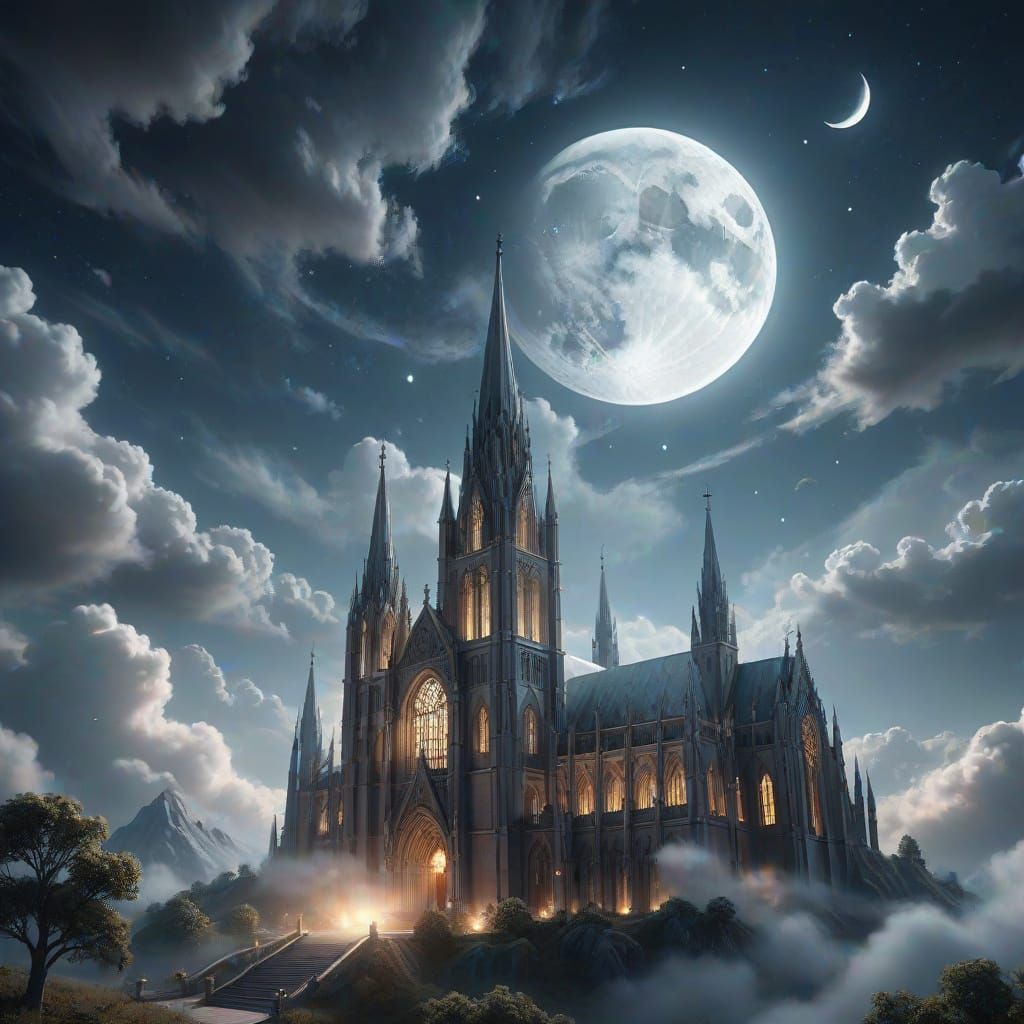 Gothic Cathedral in Sparkling Night Landscape