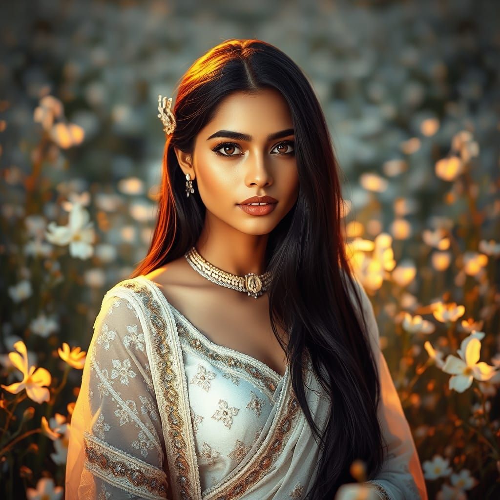 Young Woman in White Lehenga Amidst a Field of White Flowers