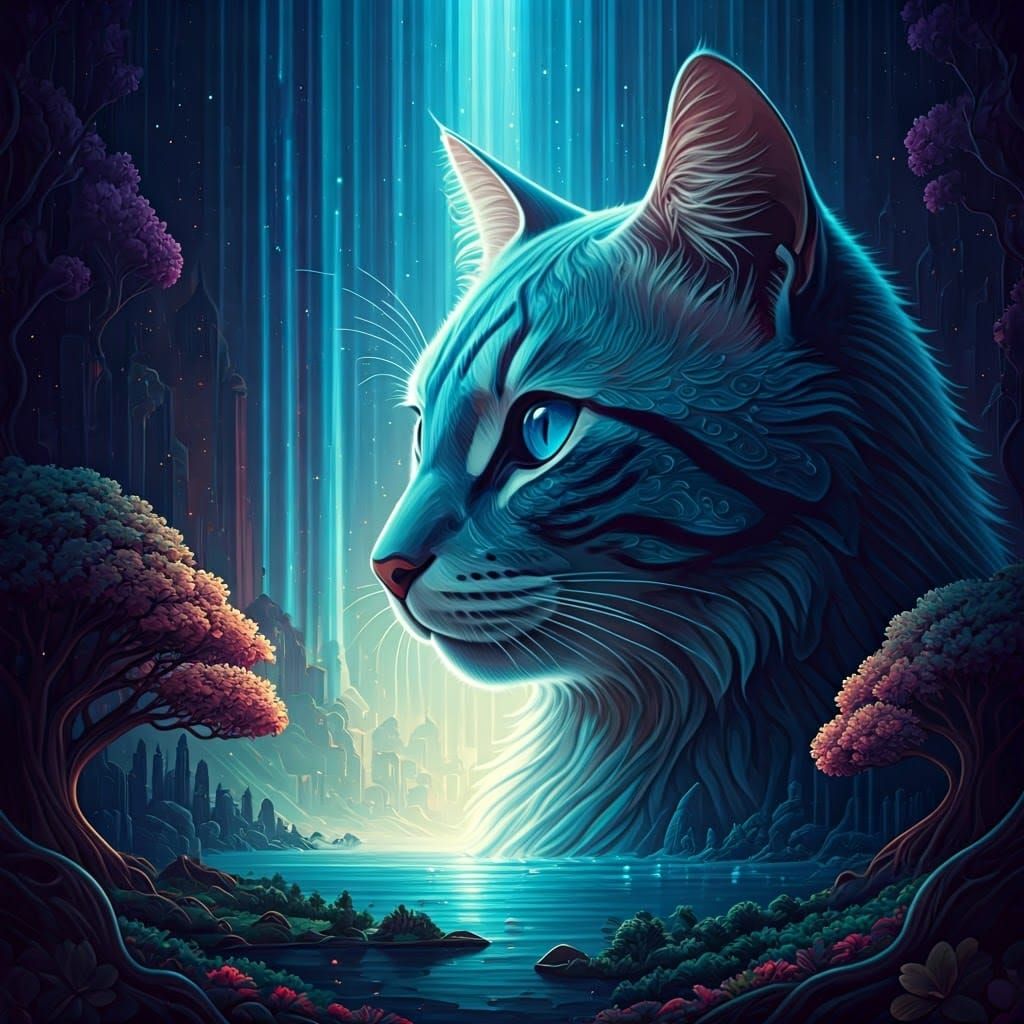 Cosmic Feline in Surrealist Landscape