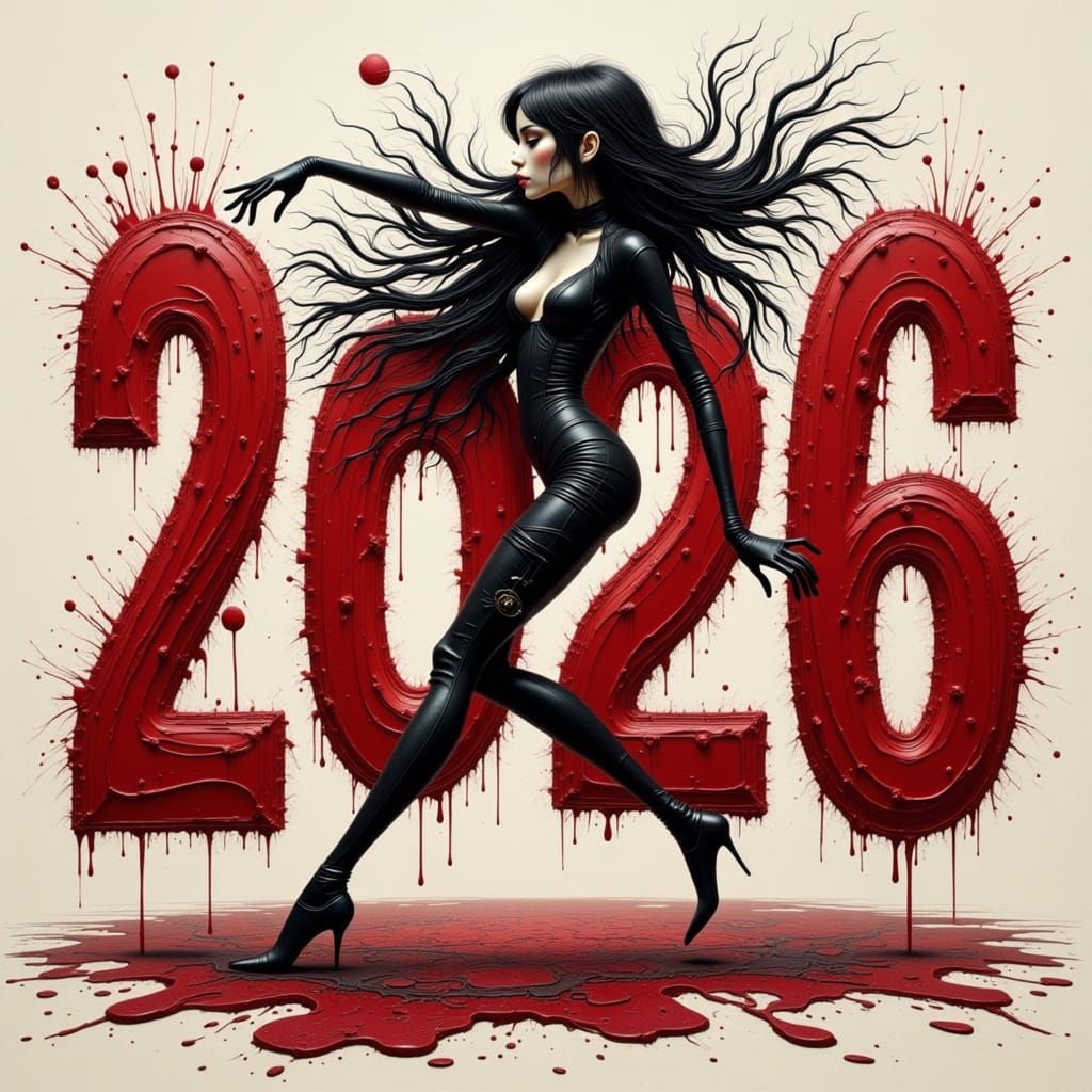 Goth-Punk Dancer Amidst Crimson Numbers in Surreal Style