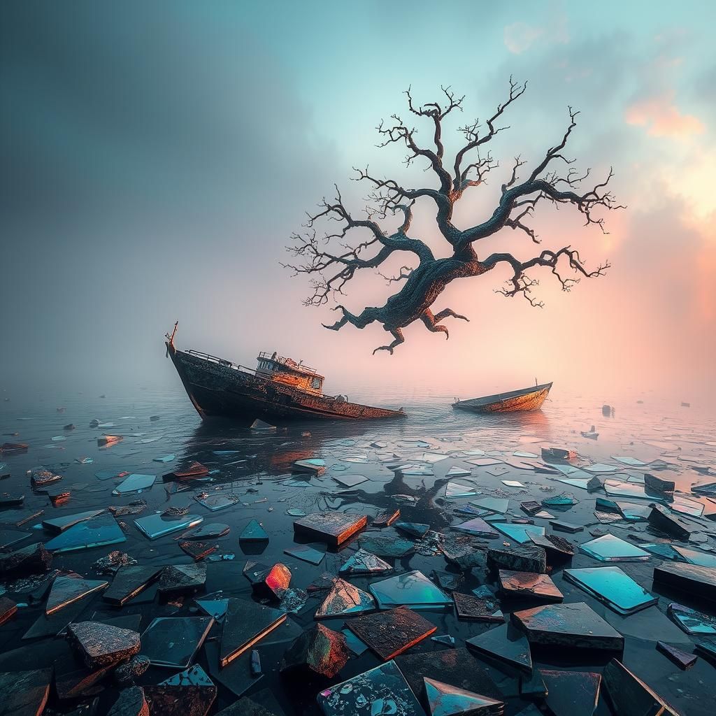 Surreal Shattered Ship in Iridescent Sea