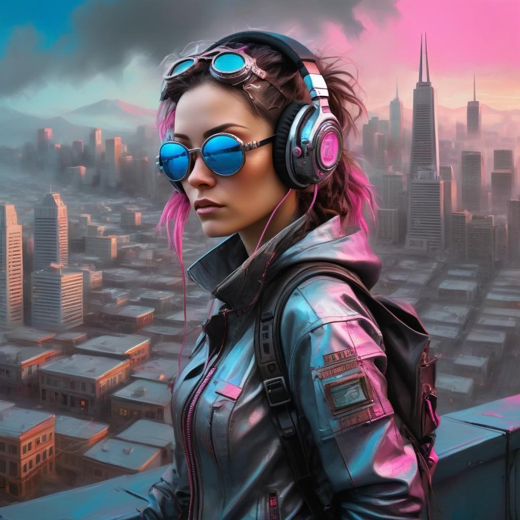 Cyberpunk Woman Breaks Through Metallic Canvas: Impasto Pain...