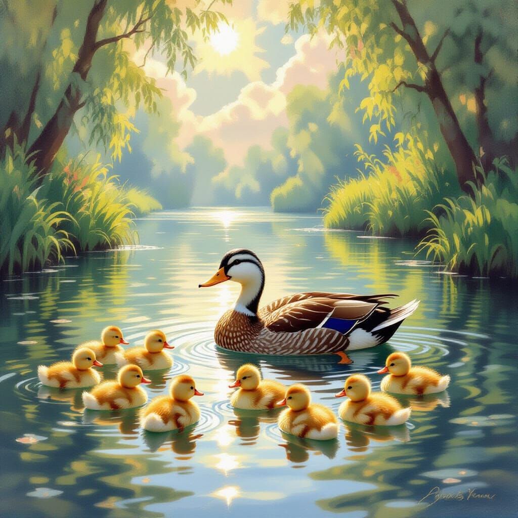 Mother Duck and Ducklings in Ethereal River Scene