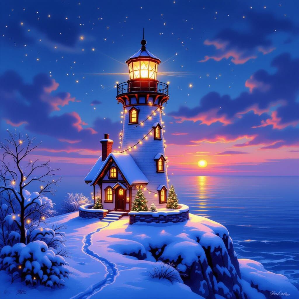 Enchanting Christmas Lighthouse on Snowy Cliff at Dusk