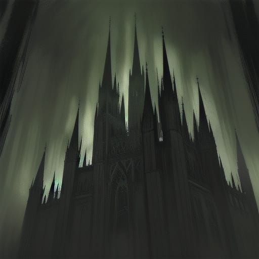 Gothic Cathedral in Misty Forest: Dark Fantasy Illustration