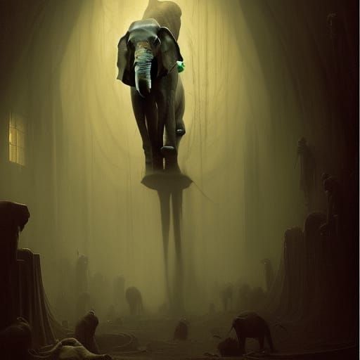 Disturbing Elephant in Room, Horror Engraving