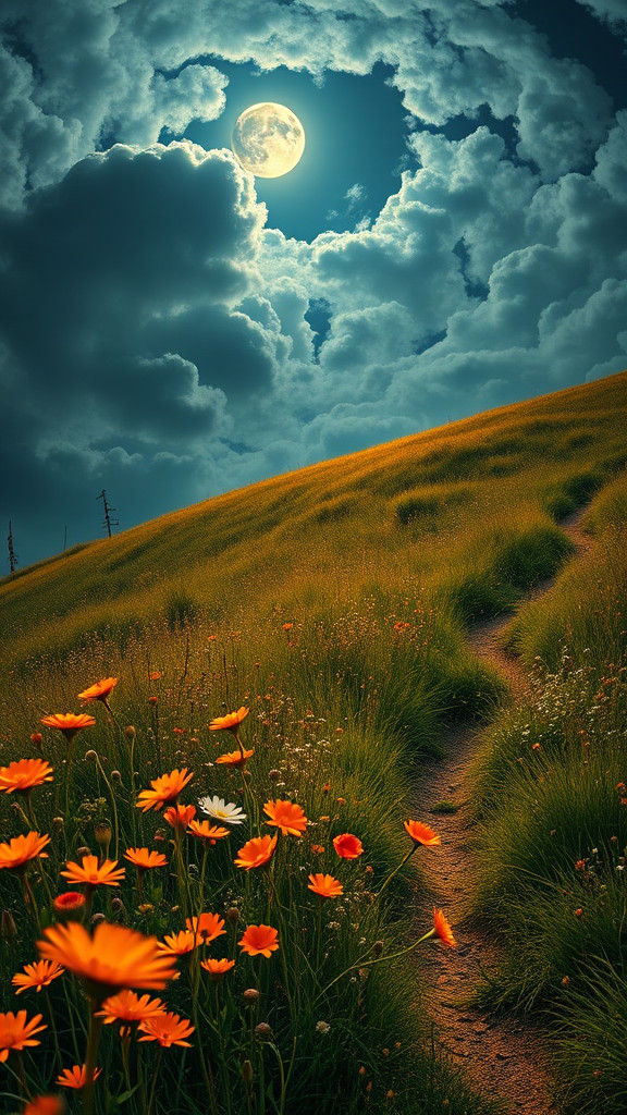 Moonlit Wildflower Meadow in Dreamy Pre-Raphaelite Style