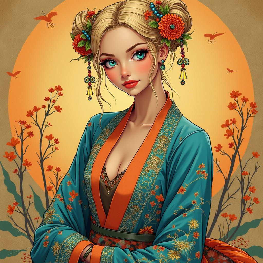 Elegant Woman in Ornate Kimono with Turquoise Jewelry