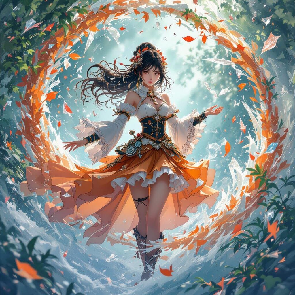 Magic Girl in Swirling Leaves and Frost