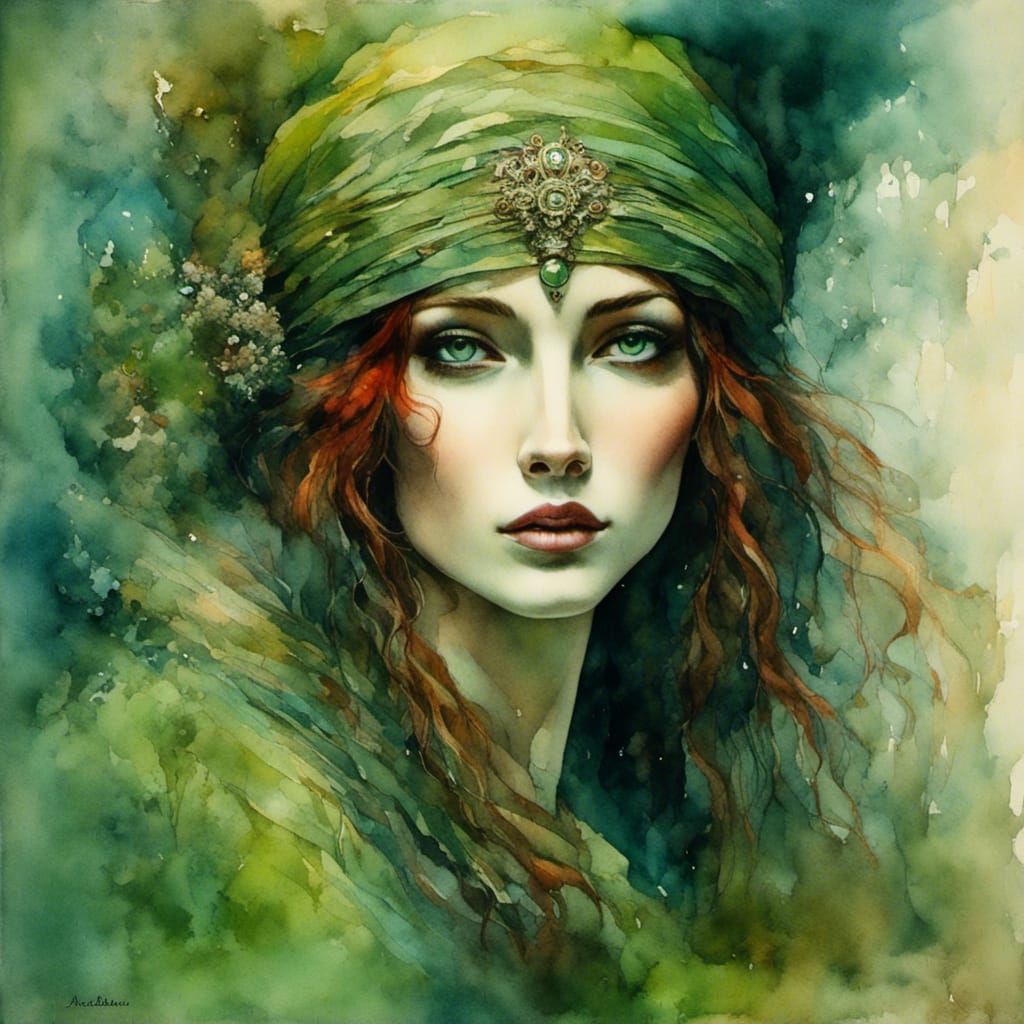 Mysterious Gypsy Portrait in Watercolor Impasto Style