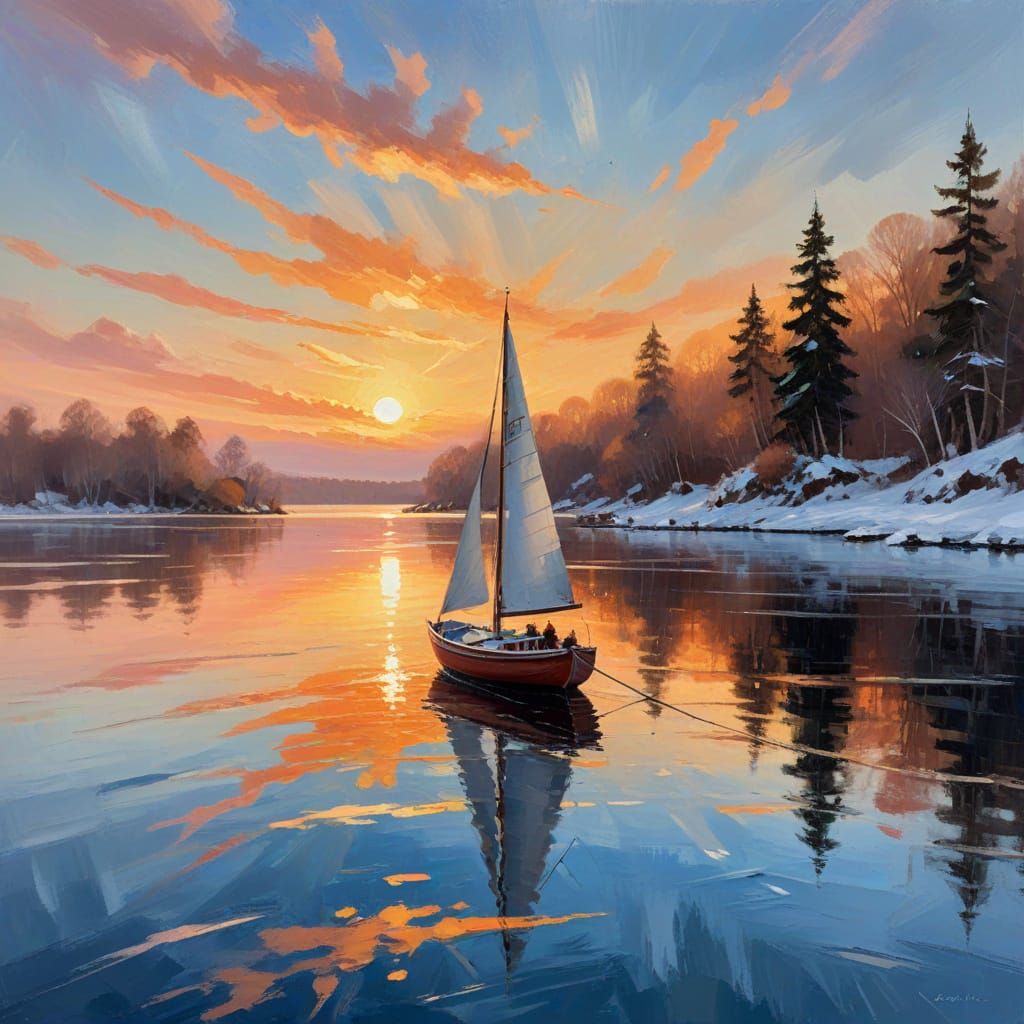 Winter Sailboat on Sunset Lake in Impressionist Style