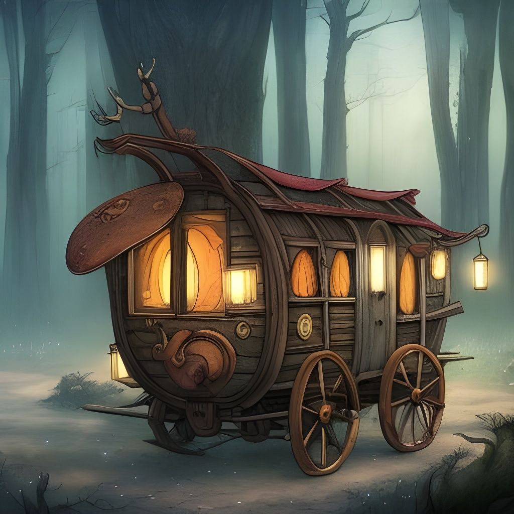 Fantasy Wagon in the Woods, Whimsical Digital Art