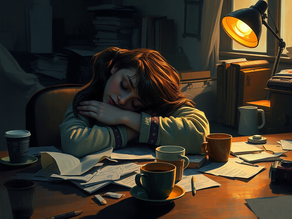 Woman at Desk in a Cluttered Workspace