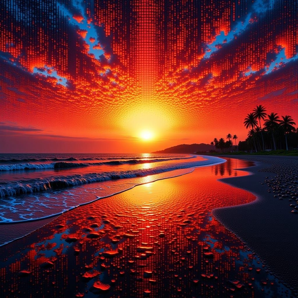 Binary Beach Sunset: Digital Matrix Art