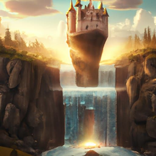 Air Castle Flying Over Waterfall: Digital Matte Painting