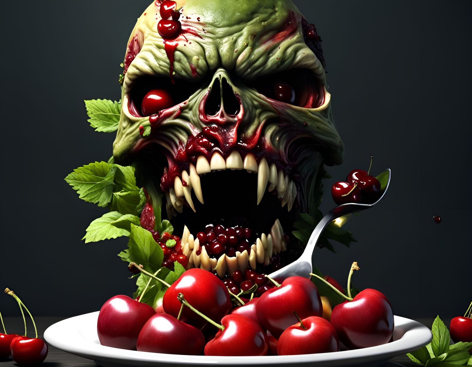 a bowl of fruit salad, zombie head disguised as cherry coming out of the salad, zombie mouth open ready to bite hand hol...
