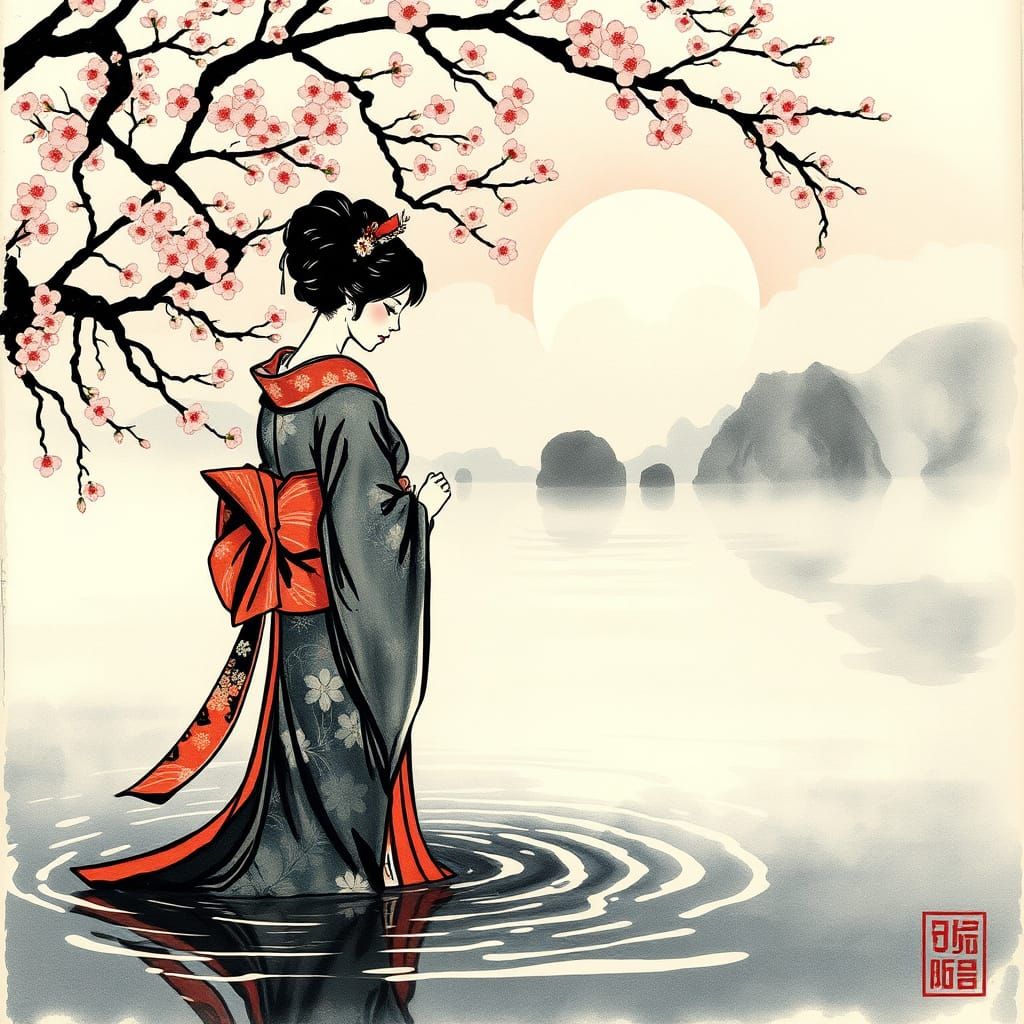 Geisha in Misty Lake at Sunset, Ink Brushstroke Style