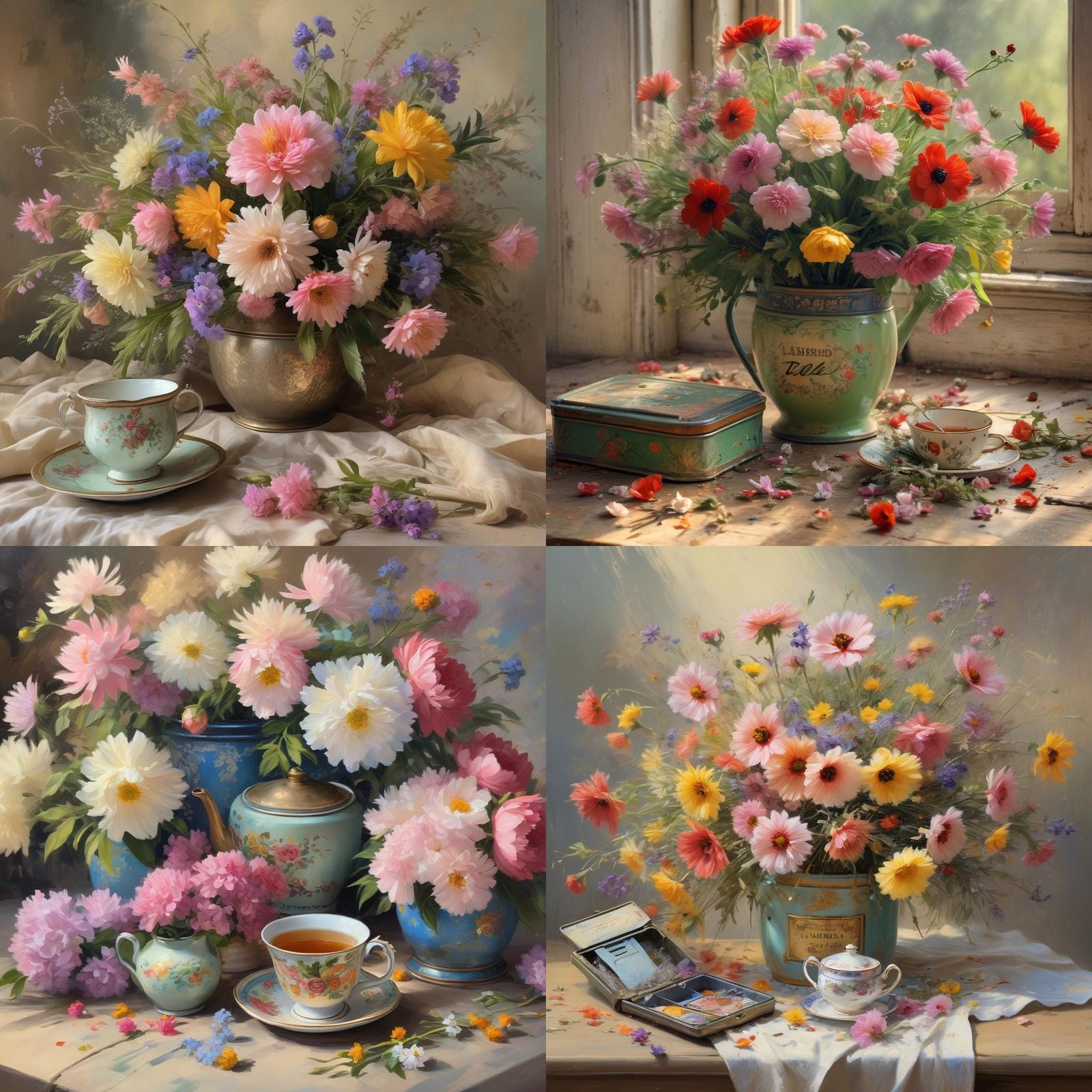 Impressionist Bouquet Overflowing from Antique Tea Tin