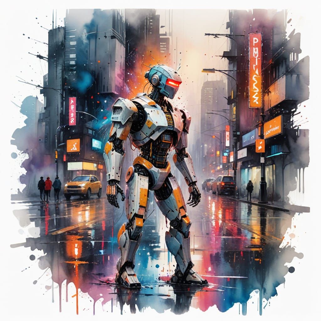 Cyberpunk Robot Amidst Neon Reflections