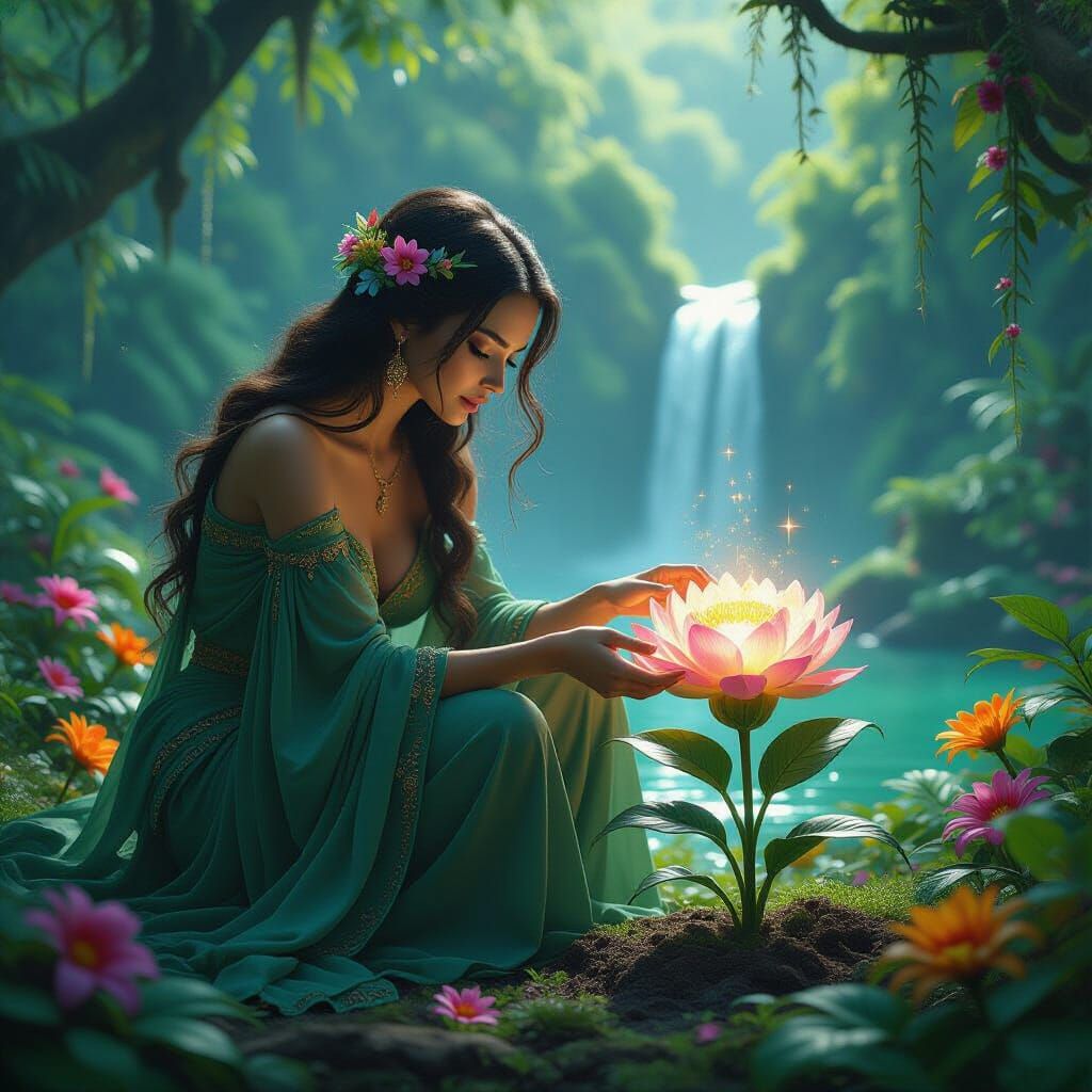 Gaia Tending a Blooming Flower in Lush Jungle