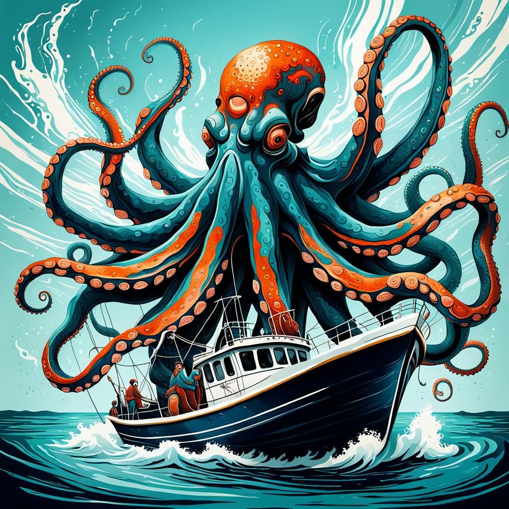 Giant Octopus Attacks Boat: Abstract Art