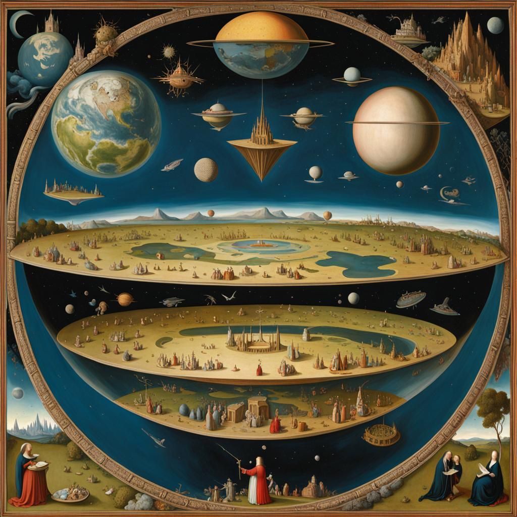 Cartoon Flat Earth with Renaissance Backdrop