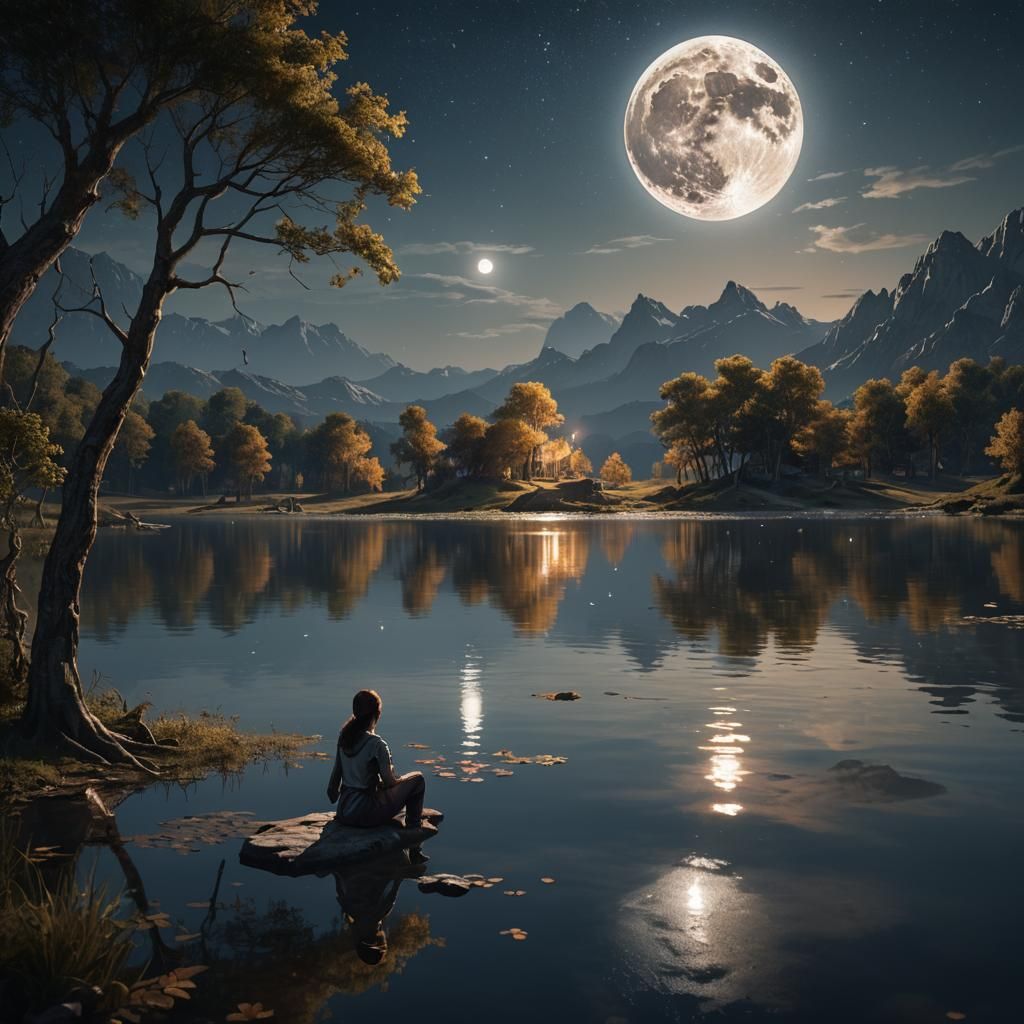 Girl Gazing at Moonlit Lake: Fantasy Matte Painting